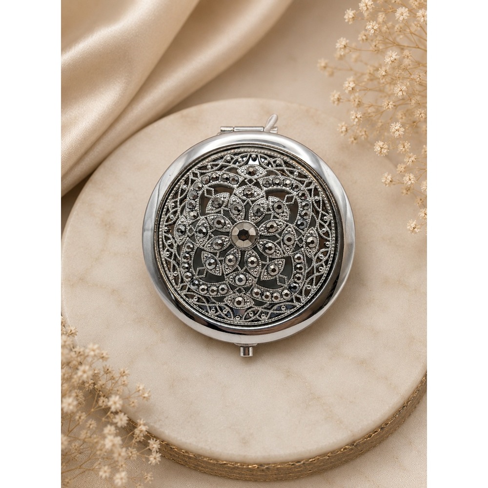 Monetโ Silver Tone Filigree Compact Mirror Marcasite Look Purse Mirror NOS